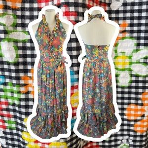 Vintage Floral Gingham Rainbow Ruffled Halter Maxi Dress